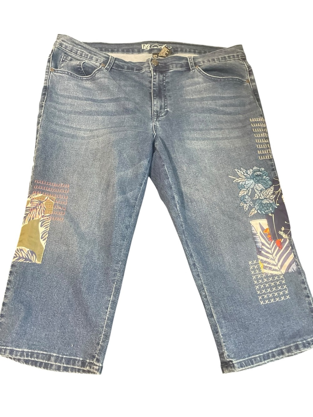 DG2 by Diane Gilman Blue Denim Relaxed Jeans with Embroidered Patch Details